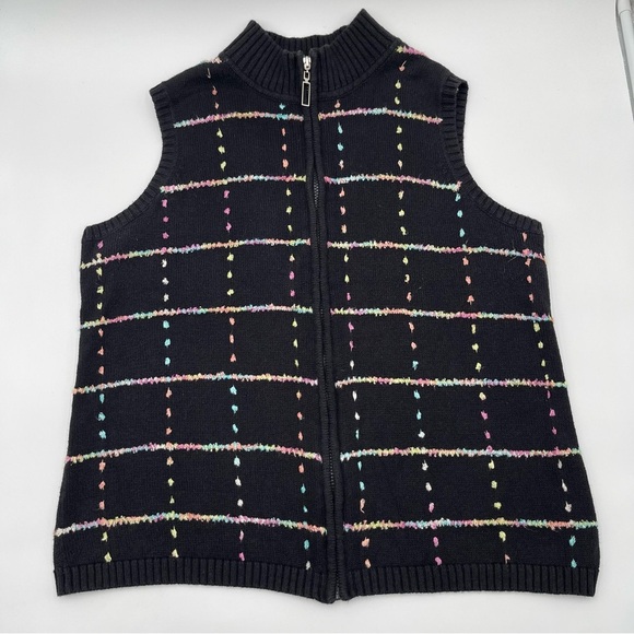 CJ Banks 1X Hand Embroidered Zip up Cardigan Sweater Vest Black Pastel Ramie - Picture 5 of 12